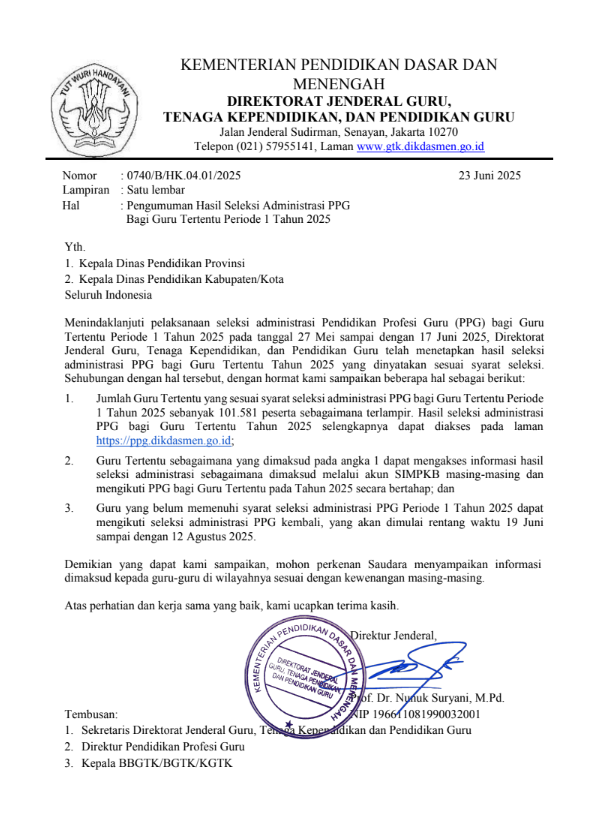 Pengumuman Hasil Seleksi Administrasi PPG Periode 1 Tahun 2025